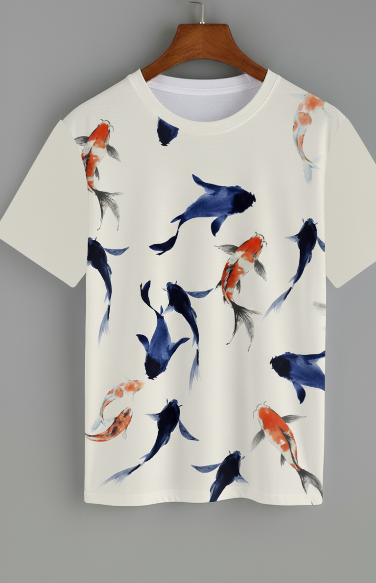 Blue Orange Abstract Fish Shoal Print Casual Unisex AOP Oversized Tee